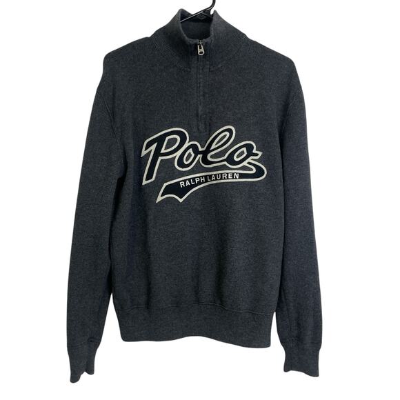 Polo Ralph Lauren Cotton Half Zip Sweater Mens Medium Gray Pullover Script Logo - Picture 1 of 10